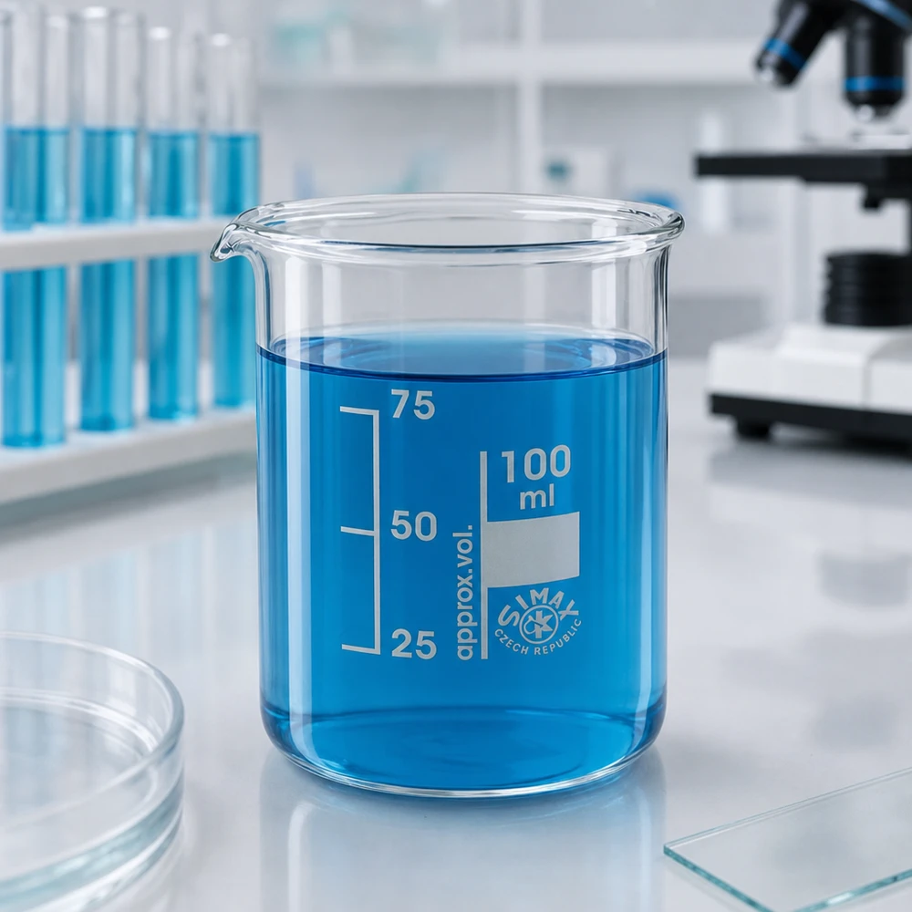 Messbecher 100ml niedrige Bauform aus robustem Borosilikatglas mit deutlicher Volumenskala