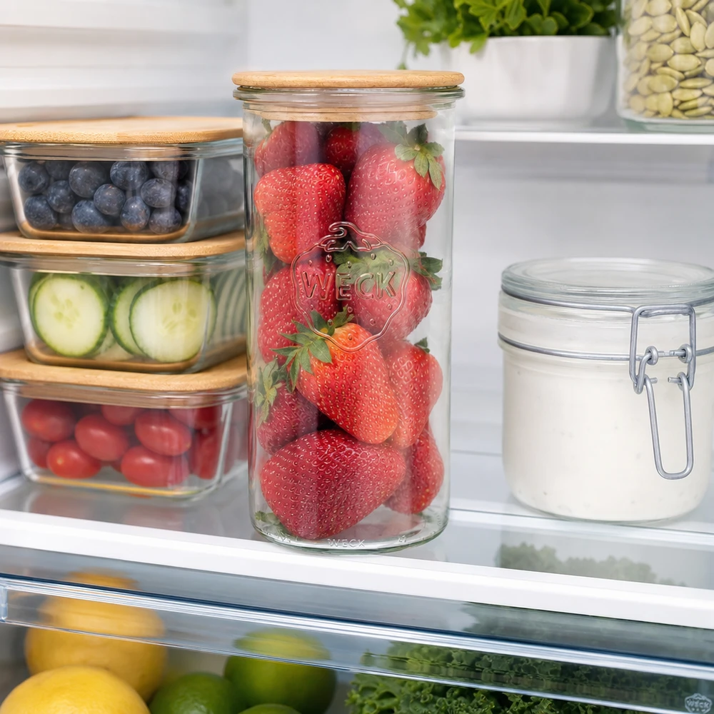 1500ml Sturzglas WECK RR100 mit Holzdeckel WECK Sturzglas 1500ml RR100 mit Holzdeckel für frische Erdbeeren im Kühlschrank optimale Lebensmittel-Aufbewahrung