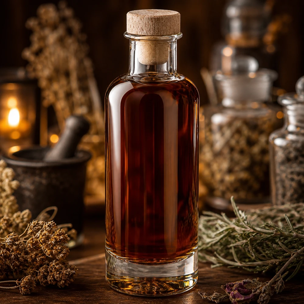 200ml Glasflasche "Ella" mit Holzgriff-Korken UNiTWIST Glasflasche Ella 200ml mit Holzkorken gefüllt mit brauner Tinktur in atmosphärischer Kräuter-Apotheken-Szenerie