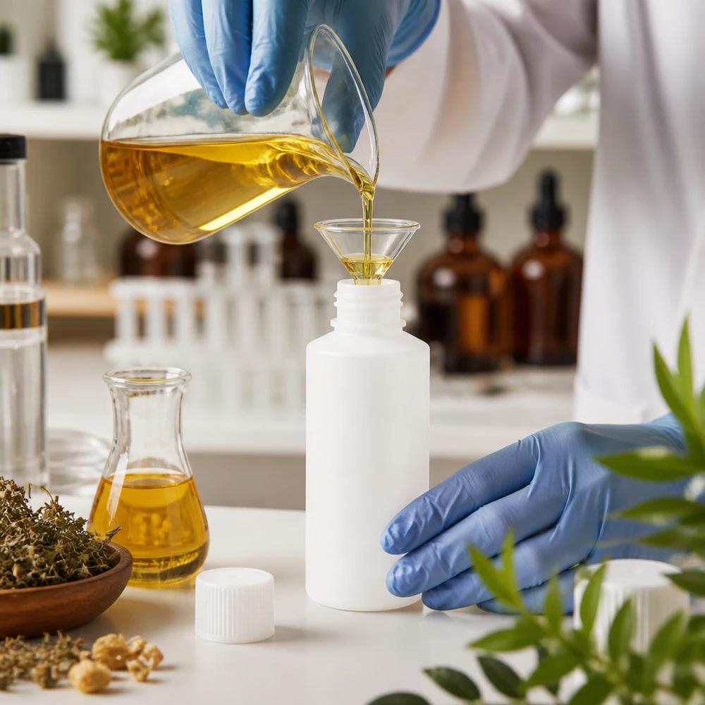Kleinflasche 30ml aus HDPE mit weißem Schraubverschluss im naturkosmetischen Abfüllprozess