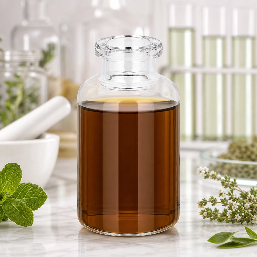 Injektionsflasche Klarglas 20ml mit ätherischem Kräuteröl Mörser und Pistill im Hintergrund
