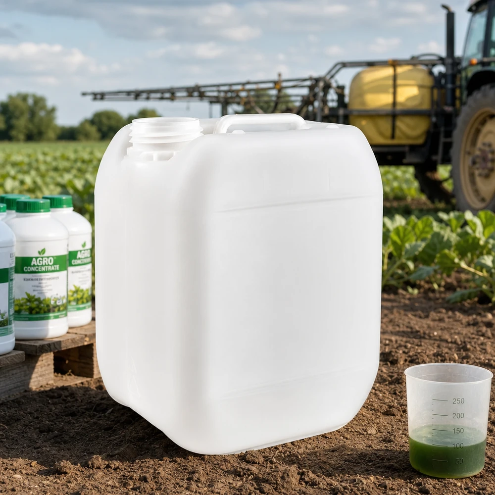 Kanister 5 Liter ohne Verschluss Weißer Kunststoffkanister 5 Liter ohne Verschluss auf Ackerboden mit Feldspritze im Hintergrund