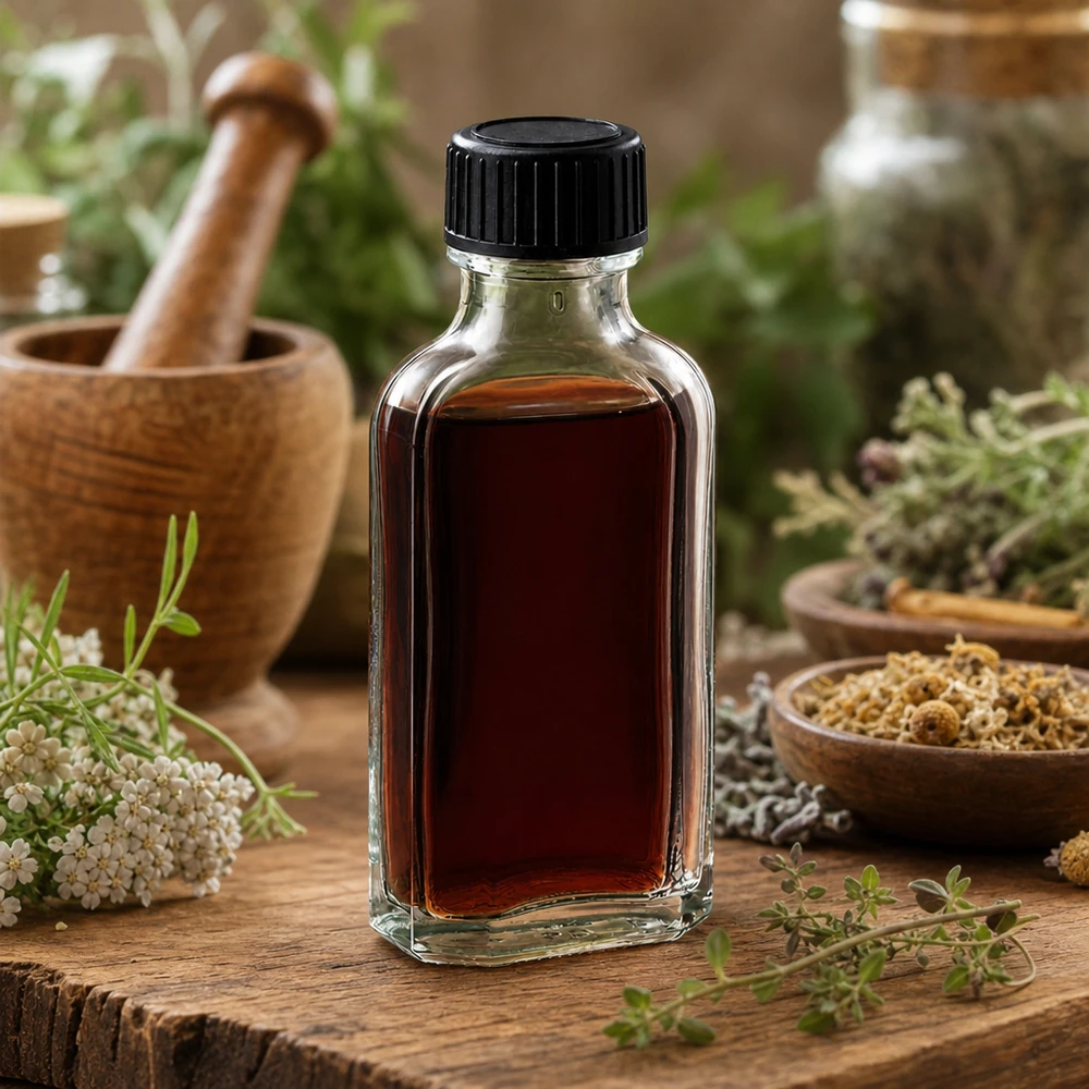50 ml Meplat klar Schraubverschluss mit LKD-Dichtscheibe Kleine rechteckige Apothekerflasche 50ml klar mit LKD-Dichtscheibe auf rustikalem Holztisch