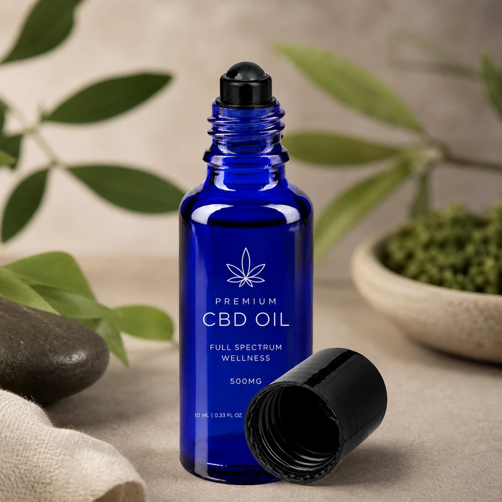 Blaue Glasflasche mit Roll-On Aufsatz und geöffnetem Deckel vor natürlichem Wellness Hintergrund