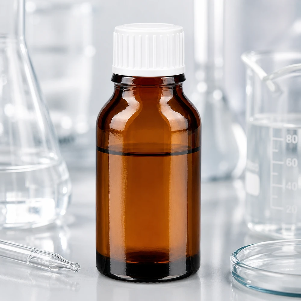 Medizinflasche aus Braunglas 15ml mit weißem Schraubverschluss zwischen Laborgeräten