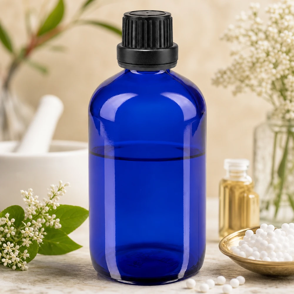 Apothekenflasche blau 100ml Schraubverschluss schwarz Dichteinlage Originalitätsverschluss Kobaltblaue 100ml Apothekerflasche mit Originalitätsverschluss neben Homöopathiekügelchen