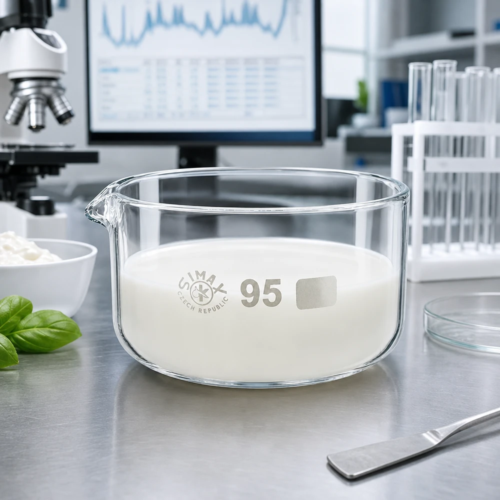 Flache Schale mit Ausguss 95mm Durchmesser für Lebensmittelanalyse mit Milchprodukt gefüllt