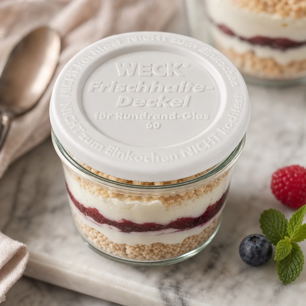 WECK Frischhaltedeckel RR60 WECK Frischhaltedeckel RR60 Dessertglas Tiramisu Schichtdessert stylische Präsentation Küchentisch Beeren Dekoration