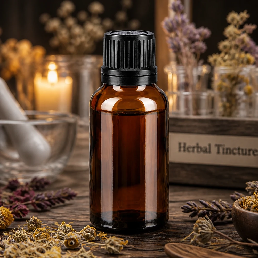 Kleine braune Glasflasche 20ml mit Originalitätsverschluss zwischen getrockneten Kräutern und Tinkturenbuch