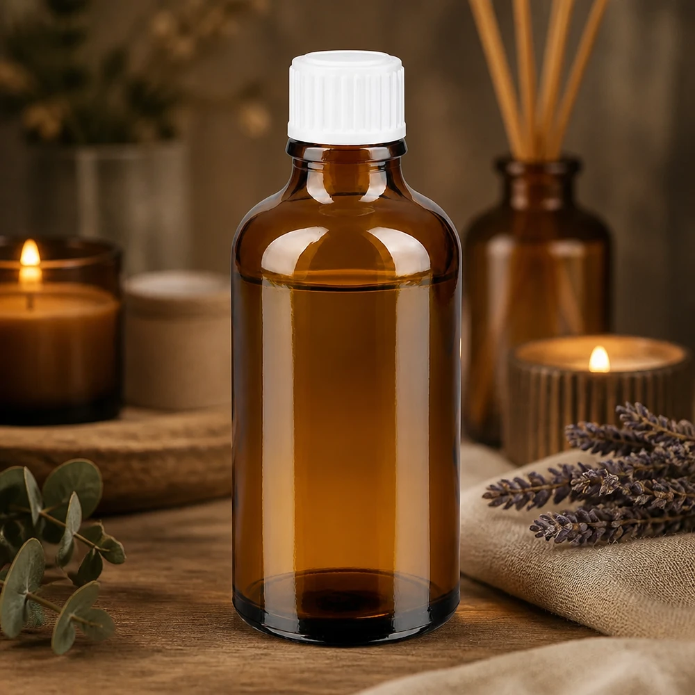 Apothekenflasche braun 50ml Schraubverschluss weiß Standard Bernsteinfarbene 50ml Glasflasche mit Schraubdeckel auf Holzoberfläche neben Lavendel und Kerzen
