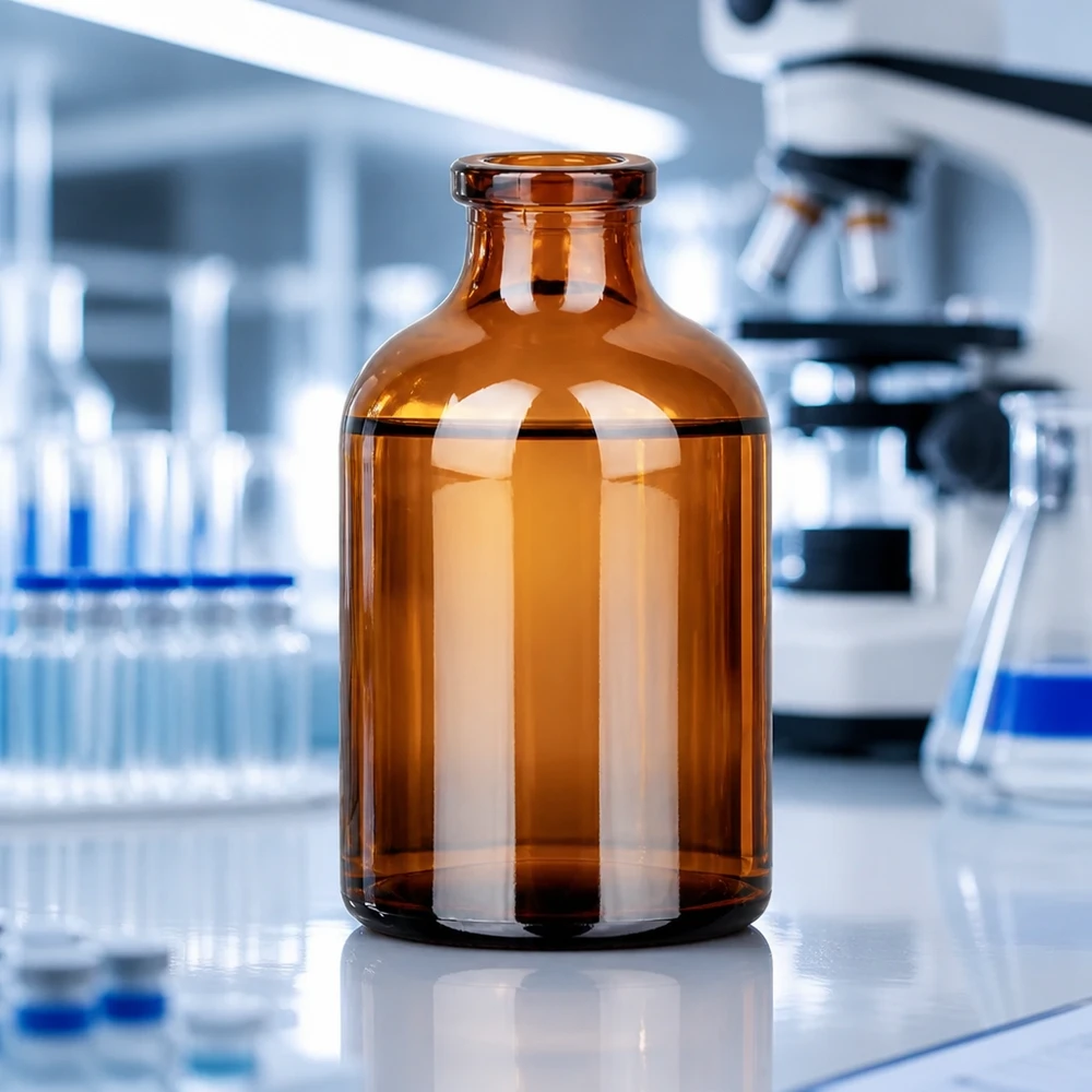 Injektionsflasche Braunglas 50ml Lichtundurchlässige Injektionsflasche 50ml Braunglas für medizinische Wirkstoffe im Labor