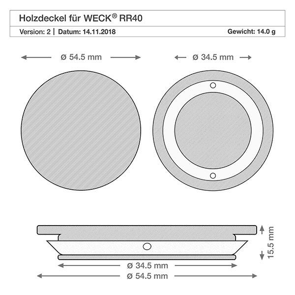 Holzdeckel (Buche) unbedruckt für WECK RR40 Technische Zeichnung Holzdeckel WECK RR40 mit Maßangaben Durchmesser 54,5mm und 34,5mm Höhe 5mm Gewicht 14g