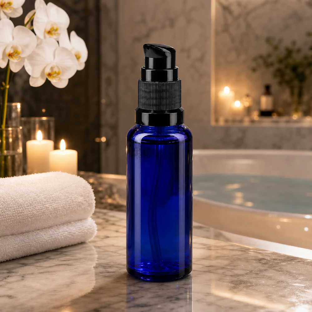 Blaue 30ml Glasflasche mit Schwarzpumpe auf Marmor neben Kerzen und Orchideen