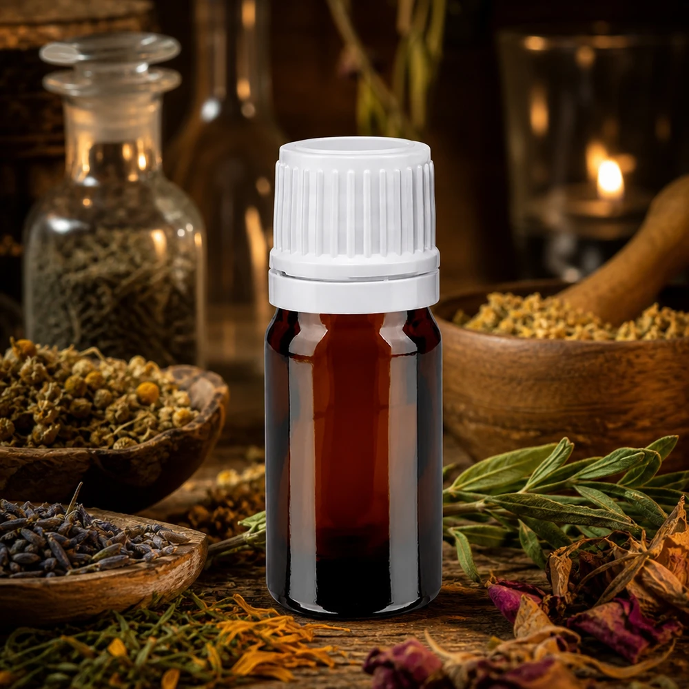 Apothekenflasche braun 5ml Schraubverschluss weiß Originalitätsverschluss 5ml Braunglasflasche OV weiß 11mm umgeben von Kamille Lavendel und Rosmarin auf Holz