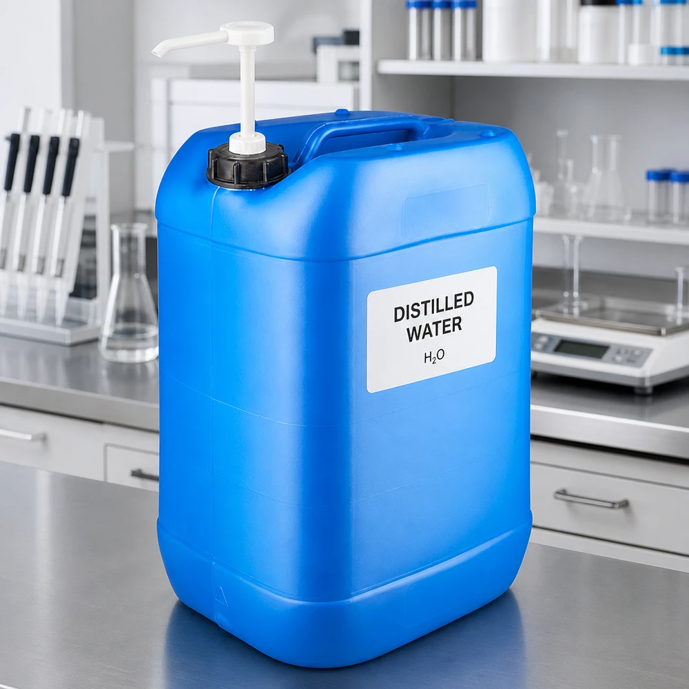 Kanister 25 Liter blau mit Dosierpumpe Rechteckiger Blaukanister 25 Liter mit Pumpenaufsatz im professionellen Laborumfeld