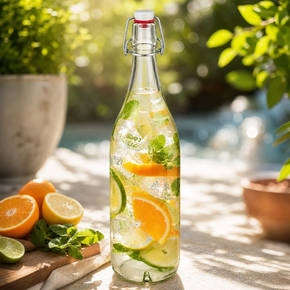 1000ml Glasflasche und Bügelverschluss Porzellan UNiTWIST 1000ml Glasflasche mit Bügelverschluss gefüllt mit Zitruspunsch Orange Limette Minze auf sonniger Terrasse
