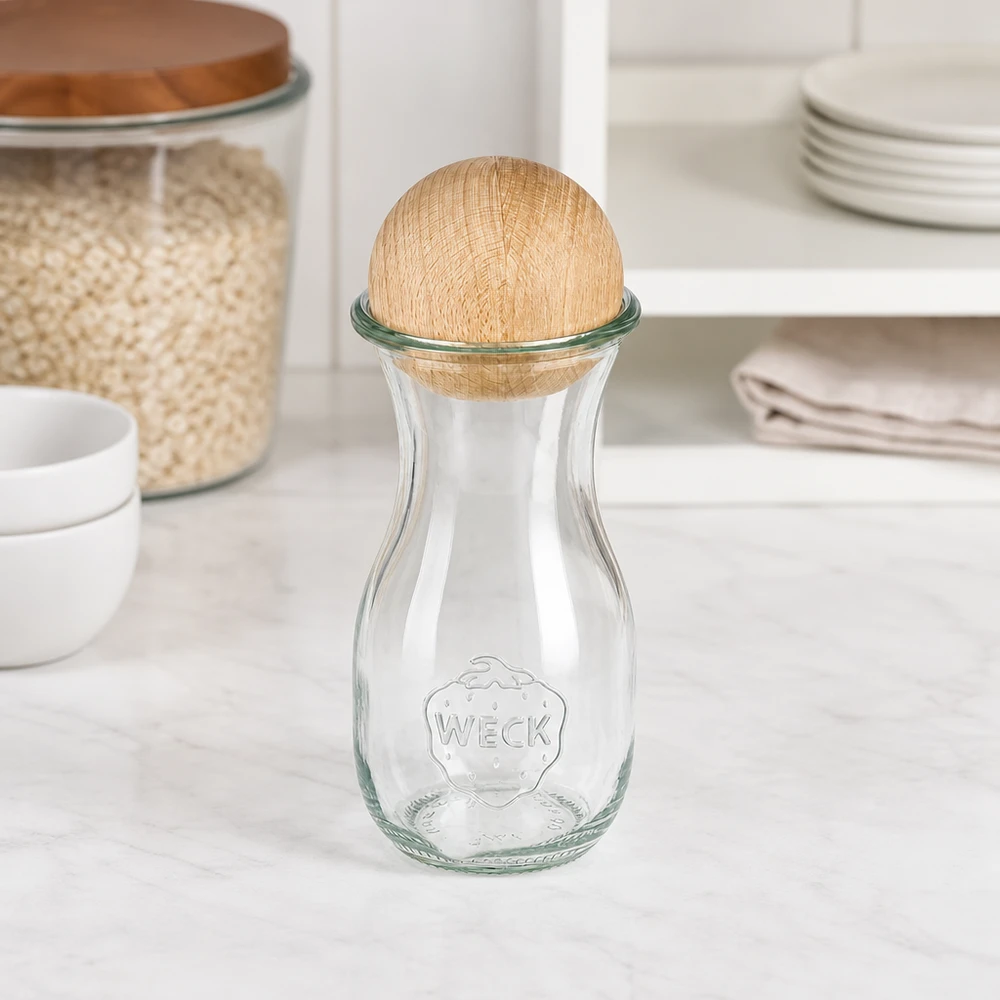 WECK Glasflasche 290ml RR60 mit Buche-Holzkugel in weißer Küche neben Vorratsgläsern und Geschirr-Stapel