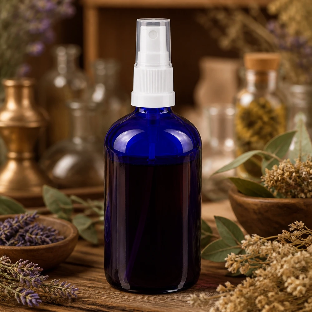 Dunkelblaue Sprayflasche 100ml Apothekenglas Standard mit transparenter Kappe und Zerstäuber