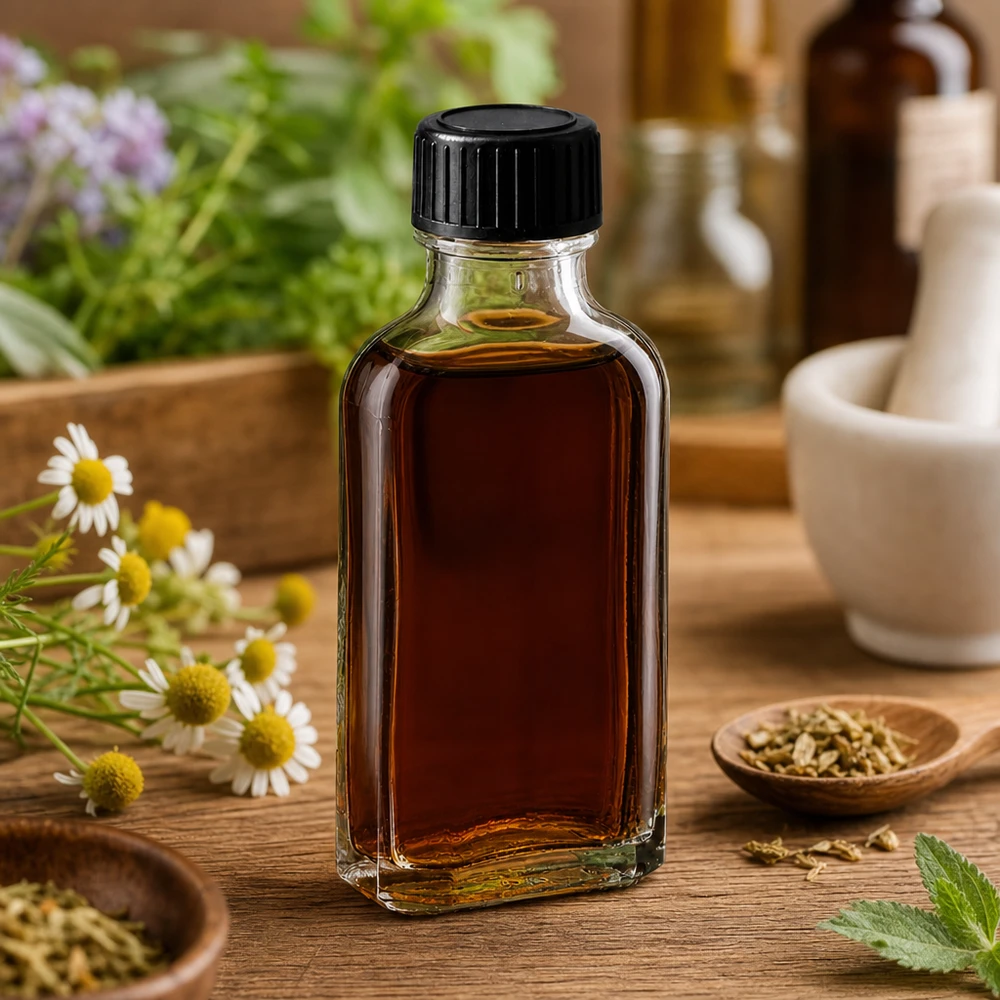 50 ml Meplat klar Schraubverschluss mit EPE-Dichtscheibe Transparente Meplat Flasche 50 ml mit schwarzem Verschluss zwischen Kamillenblüten und Kräutern