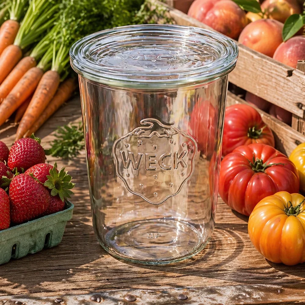 WECK Sturzglas 850ml RR100 umgeben von frischem Gemüse Obst zeigt vielseitige Verwendung für Meal Prep und Vorratshaltun