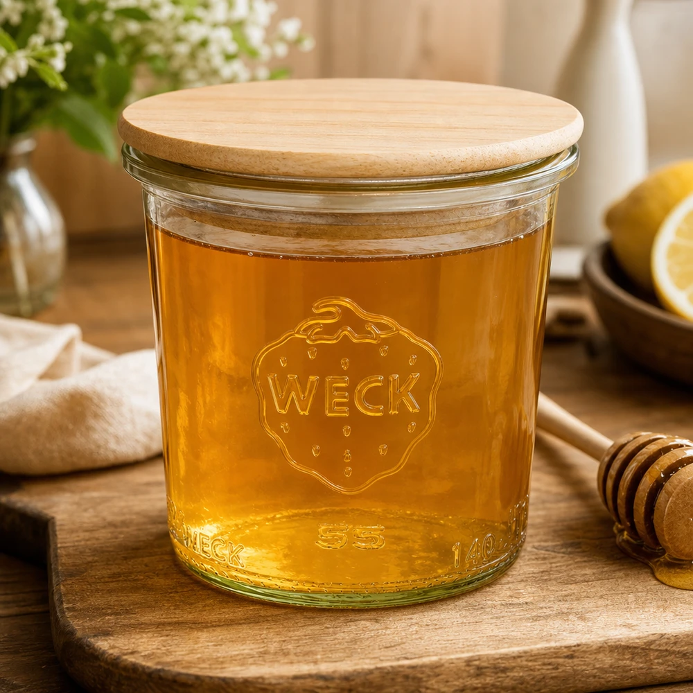 140ml Sturzglas WECK RR60 mit Holzdeckel WECK Sturzglas 140ml RR60 mit Honig gefüllt und Holzdeckel zeigt Vielseitigkeit für süße Aufstriche