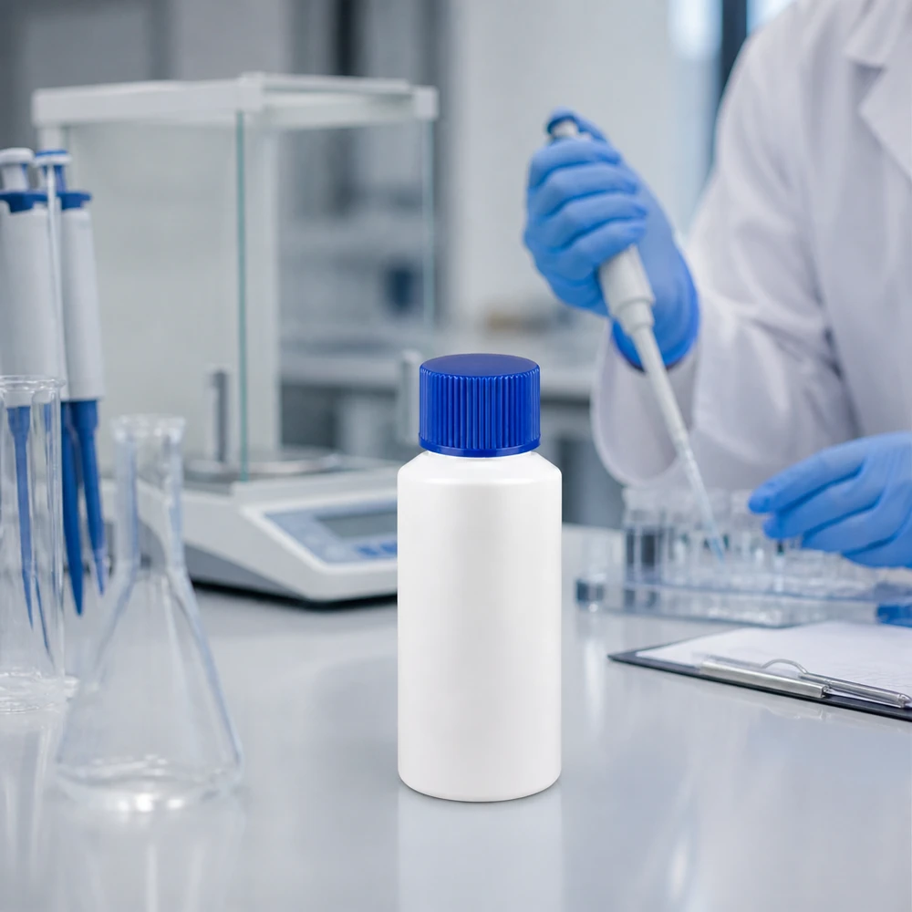 Apothekenflasche HDPE 30ml weiß, mit blauem Schraubverschluss Lebensmittelechte HDPE Rundflasche 30ml weiß mit blauem SV für chemische und medizinische Produkte