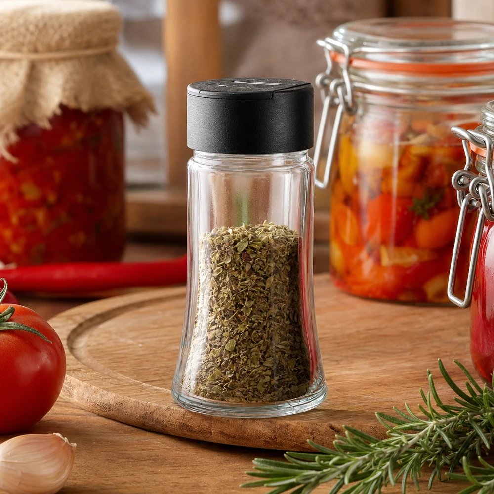 Salz-/Gewürzglas 95ml mit Doppelstreuer schwarz Kompaktes Salz- und Gewürzglas 95ml mit schwarzem Streuerdeckel ideal für Küche und Kochen