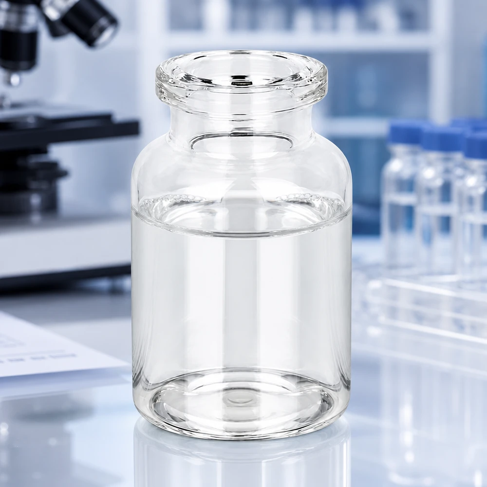 Injektionsflasche Klarglas 10ml 10ml Injektionsflasche Klarglas mit wasserklarer Flüssigkeit auf reflektierender Laborarbeitsfläche