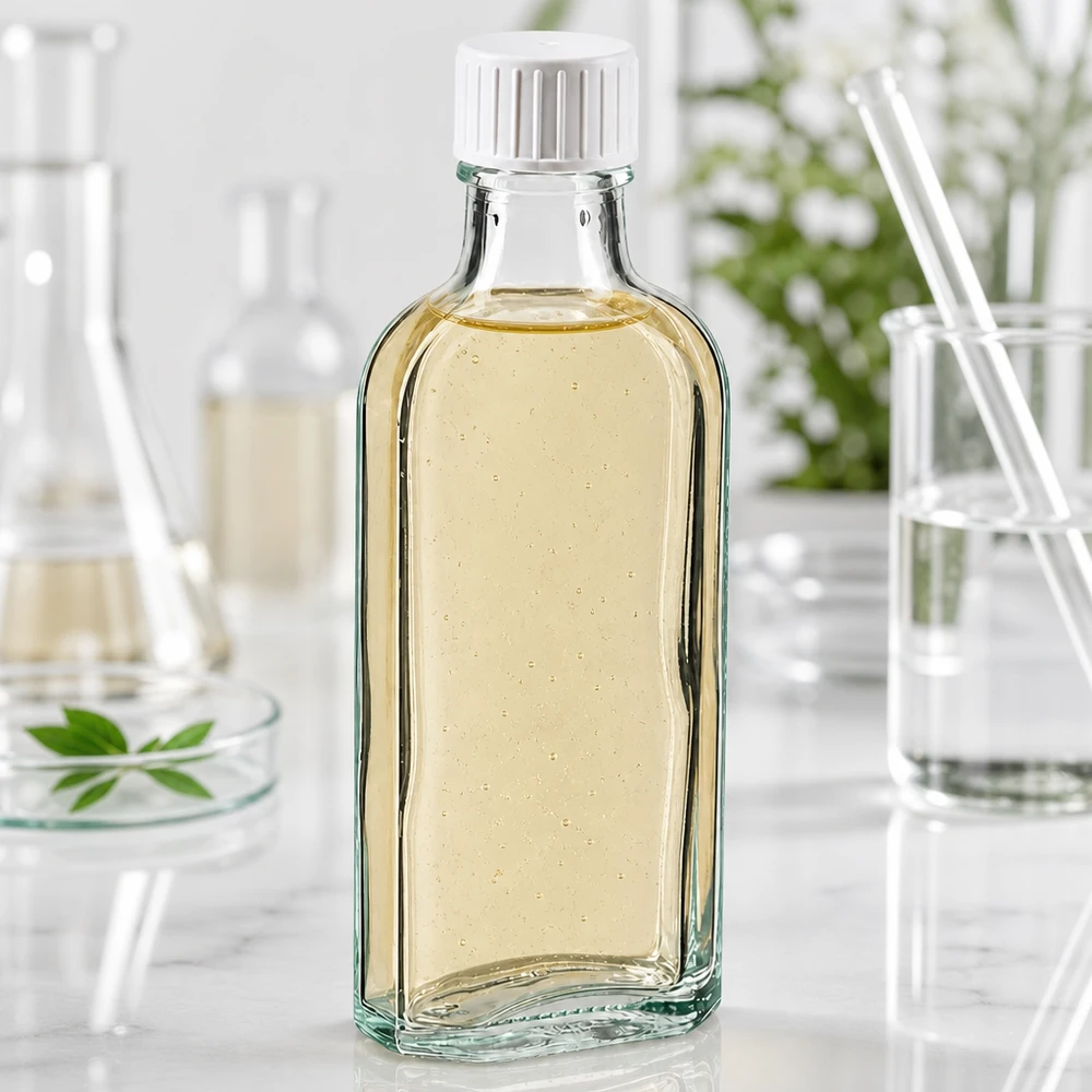 100 ml Meplat klar Schraubverschluss mit Giessring 100ml Meplat Flasche klar mit Gießring gefüllt mit ätherischem Öl zwischen Laborgeräten