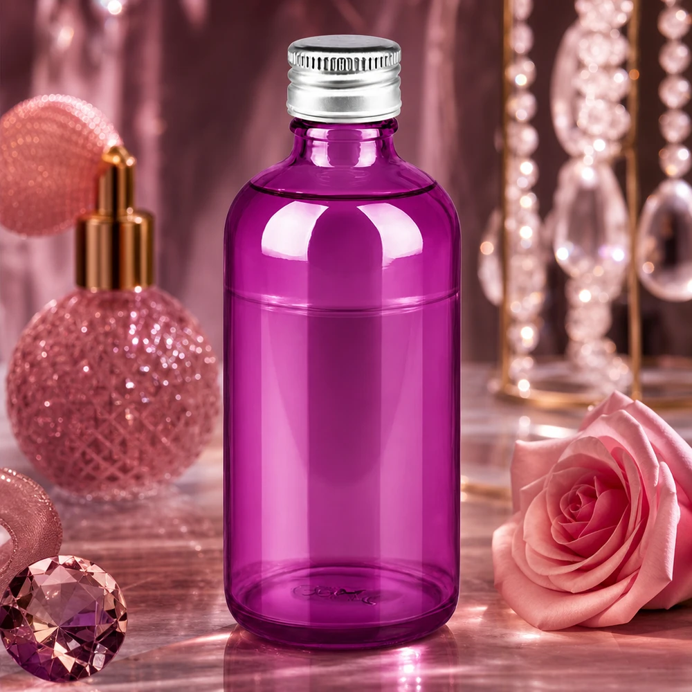 100ml Flas. 11mm Schraubverschluss Alu-Silber Standard PurpleLine. UT18/100 Apothekerflasche 100ml in leuchtendem Violett mit silbernem Verschluss für Aromatherapie