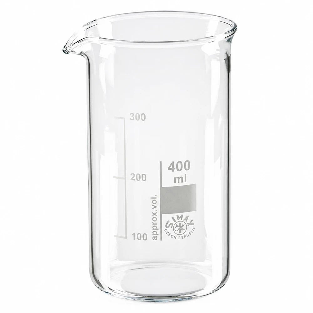 Becherglas 400ml Borosilikatglas, hohe Form Hohes Laborglas 400ml aus klarem Borosilikat mit Skala für präzise Flüssigkeitsmessung