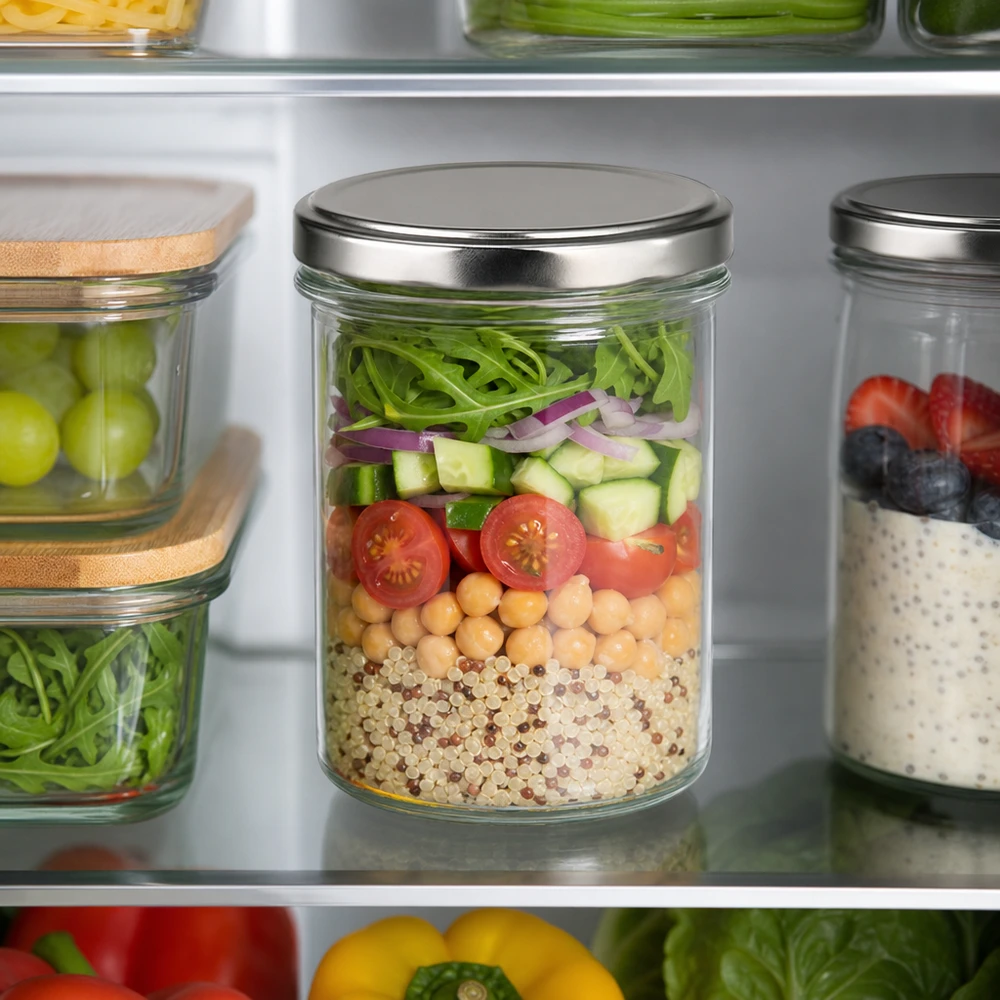 350ml Sturzglas mit BasicSeal Deckel silber UNiTWIST 350ml Sturzglas mit silbernem Deckel im Kühlschrank gefüllt mit Salat Quinoa Kichererbsen Meal Prep Vorratsglas