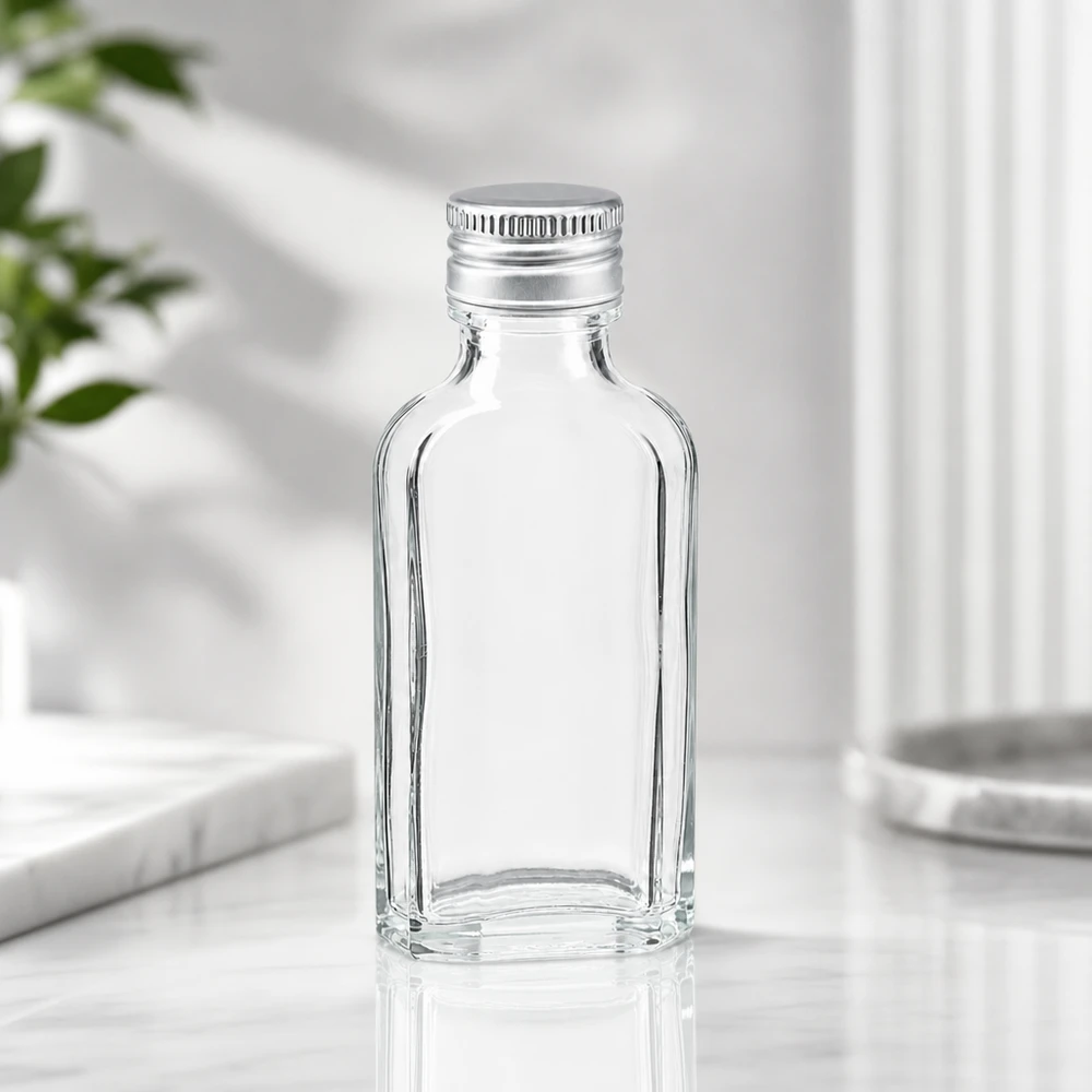 50 ml Meplat klar mit Alu Verschluss silber PP22 Leere rechteckige 50ml Glasflasche mit Aluminiumverschluss PP22 für Kosmetik und Pflegeprodukte