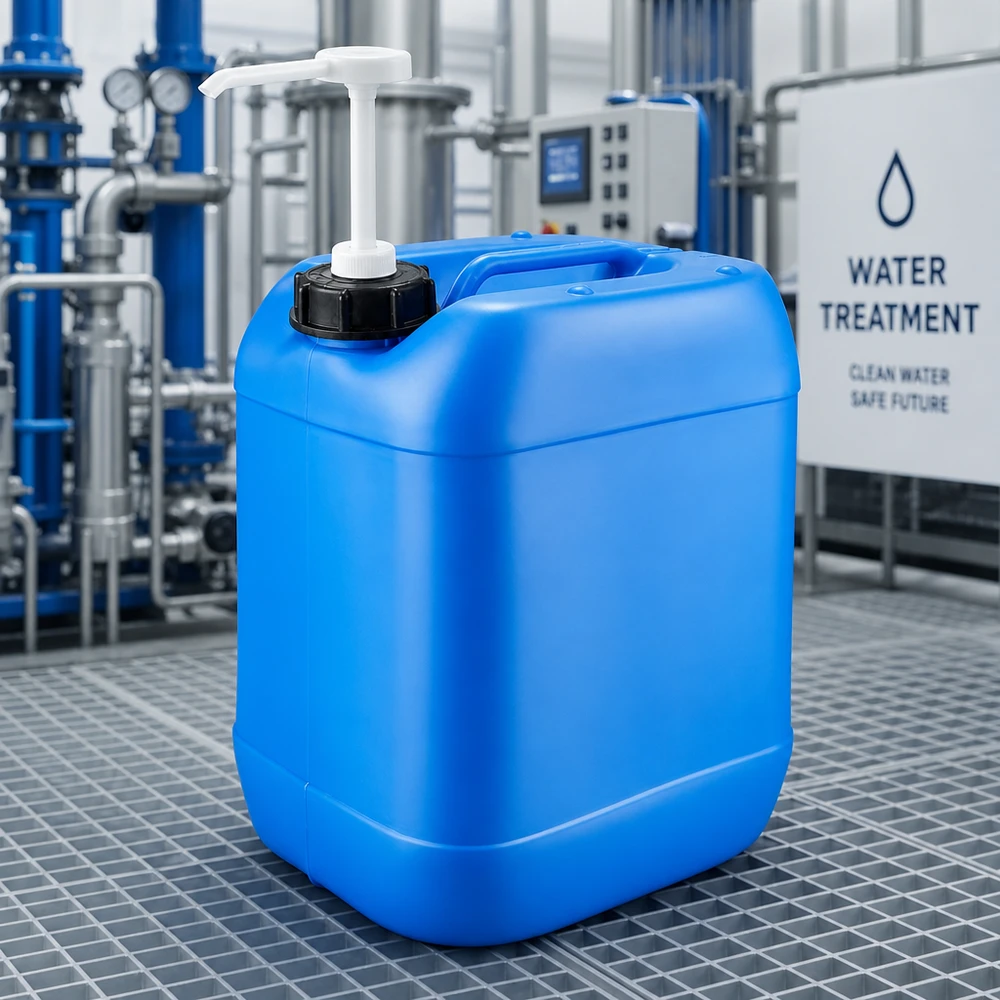 Kanister 20 Liter blau mit Dosierpumpe Blauer Kunststoffkanister 20L mit Pumpenaufsatz auf Gitterrostboden Industrieanlage