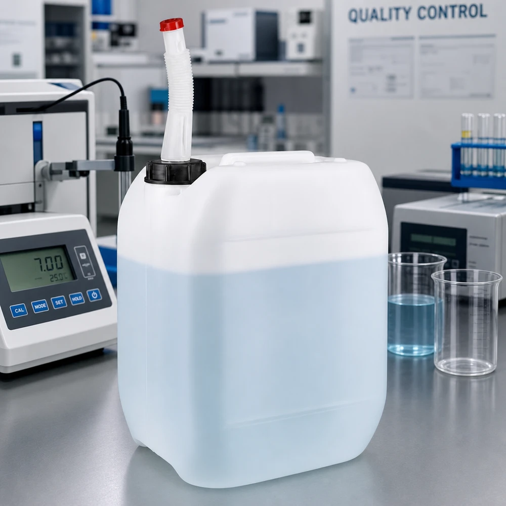 Kanister 10 Liter mit Auslaufrohr Flex Weißer Kunststoffkanister 10 L mit beweglichem Ausgießer zur präzisen Dosierung im Qualitätslabor