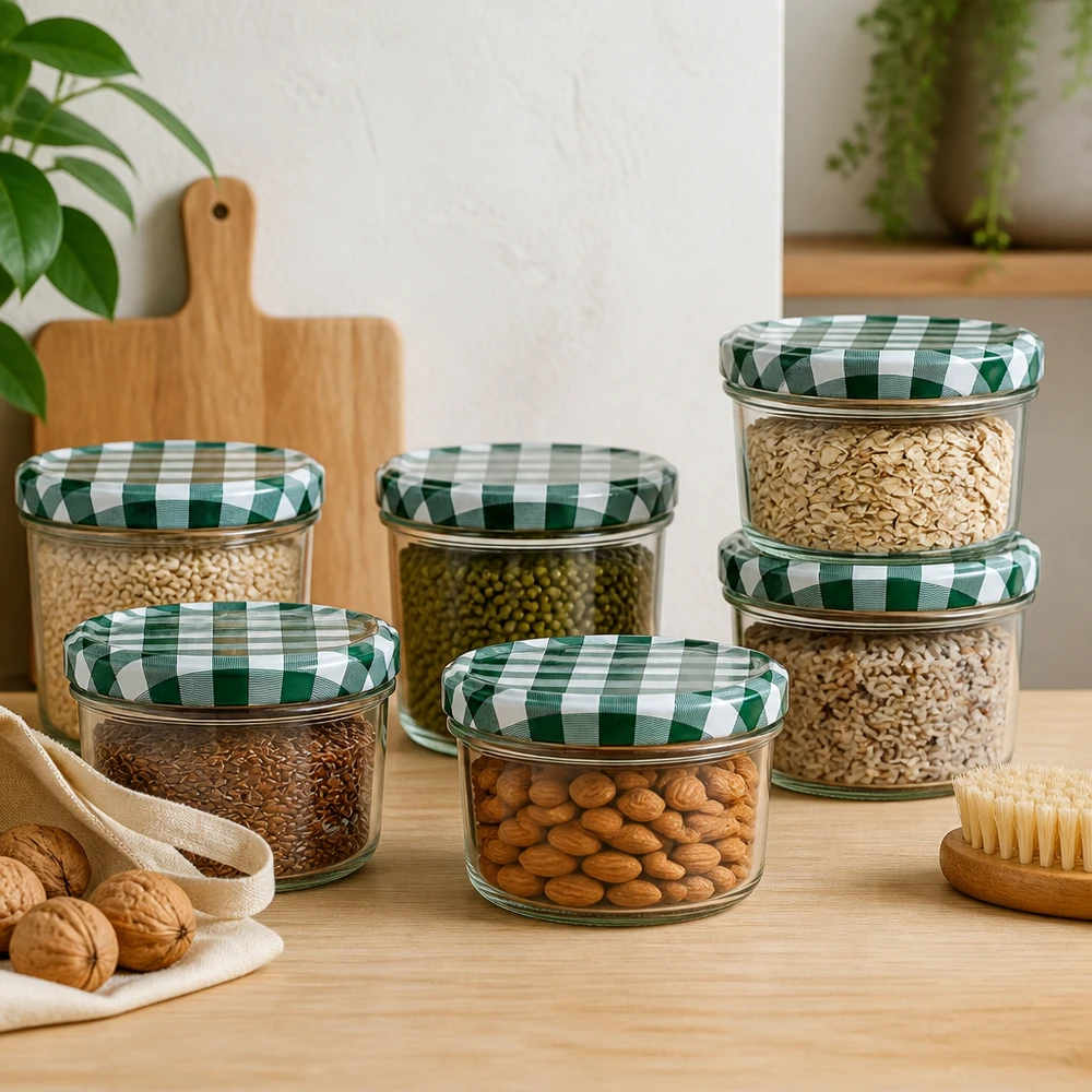 Sturzglas Set 230ml verschiedene Größen mit Nüssen Getreide gefüllt grün-weiß karierter Deckel Vorratsaufbewahrung