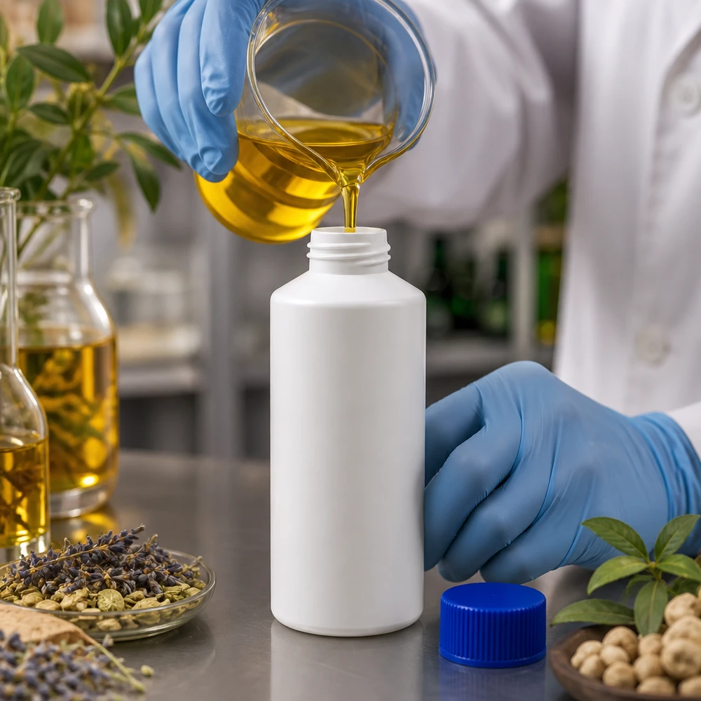 Befüllung einer weissen 100ml HDPE Rundflasche mit gelbem Öl durch Labormitarbeiter