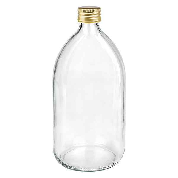 1000ml Medizinflasche klar, mit Alu-Verschluss gold ApoGlas 1000ml Medizinflasche klar, mit Alu-Verschluss gold ApoGlas