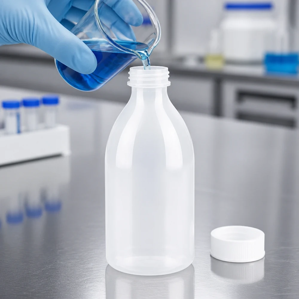 250ml Schraubflasche, Enghals Laborflasche 250ml Enghals Schraubflasche auf Edelstahltisch neben Reagenzgläsern im Labor