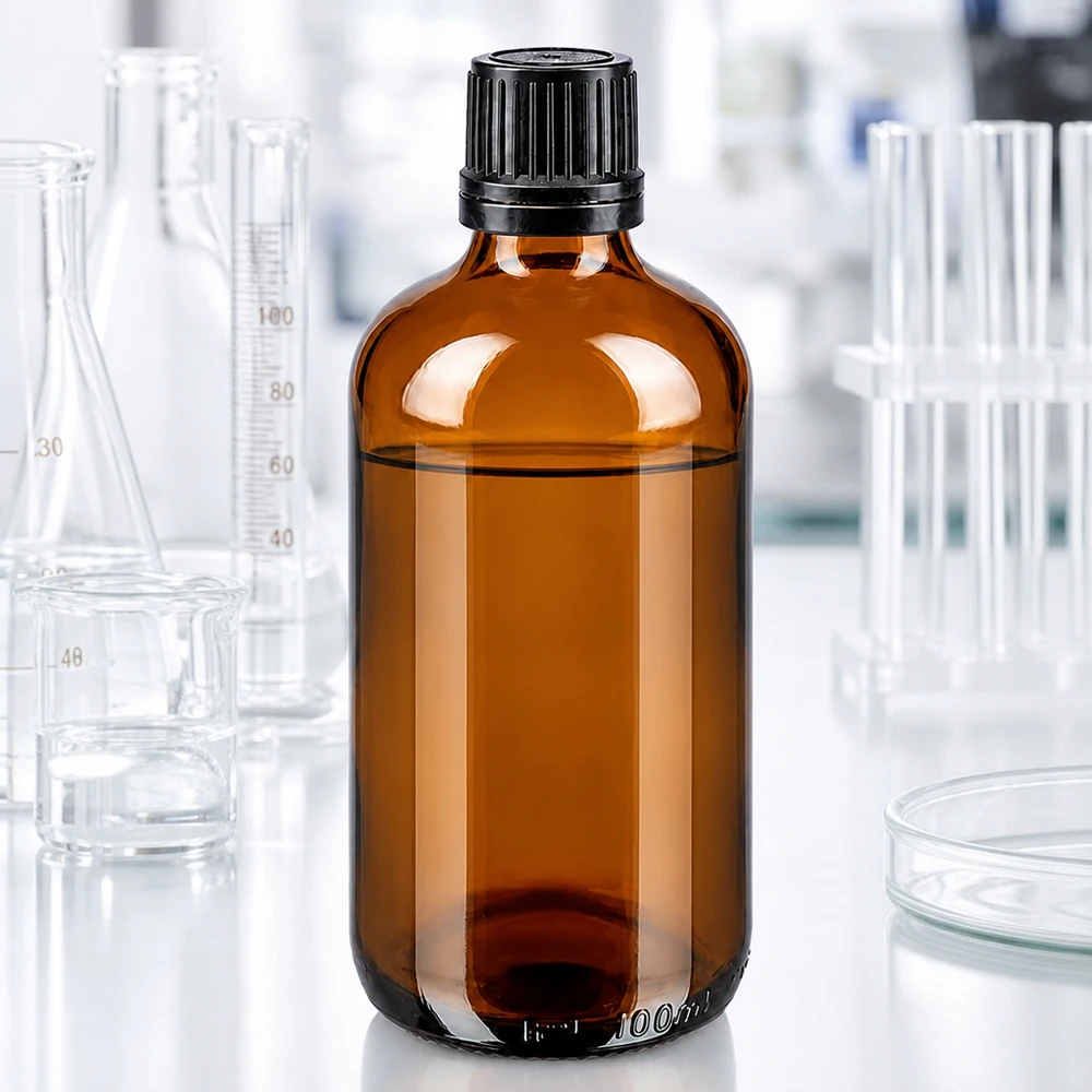 Bernsteinfarbene 100ml Apothekerflasche aus Borosilikatglas mit schwarzem Originalverschluss