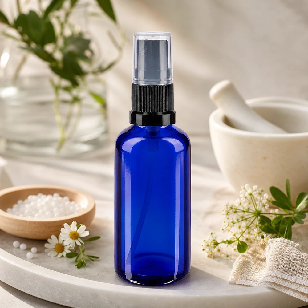Kobaltblaue Apothekerflasche 50ml Sprühkopf mit Homöopathie Globuli und Heilkräutern