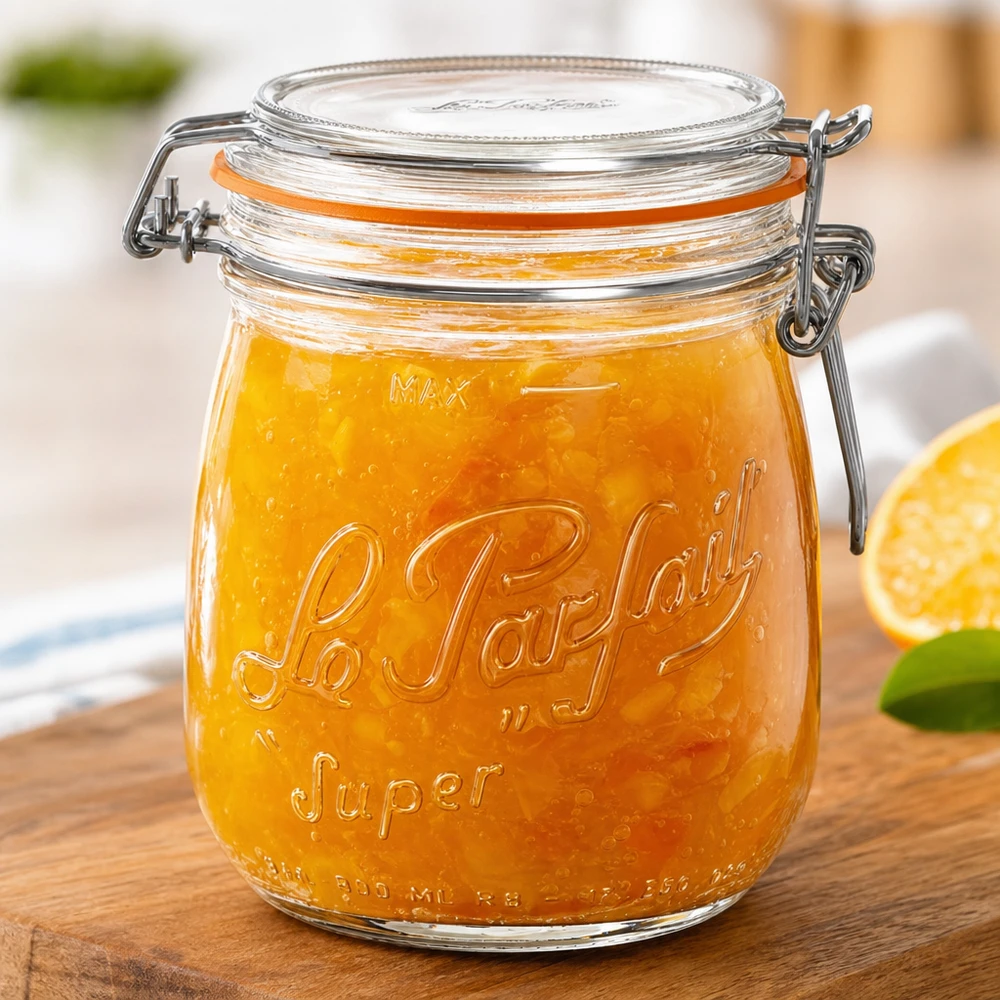 750ml Le Parfait Super Vorratsglas mit Bügelverschluss gefüllt mit orangener Marmelade auf Holzbrett