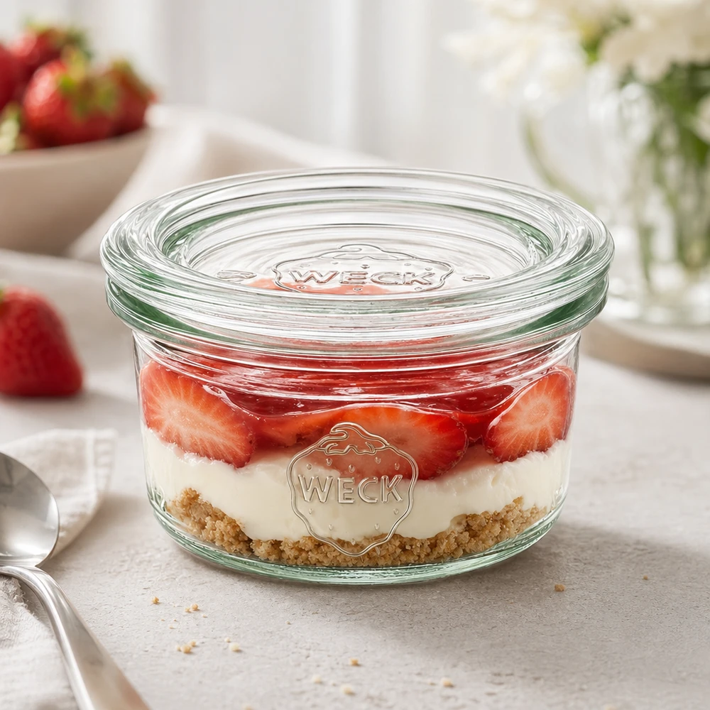 WECK Sturzglas 50ml RR60 mit Schichtdessert aus Erdbeeren und Creme als elegante Portionierung auf weißer Arbeitsplatte