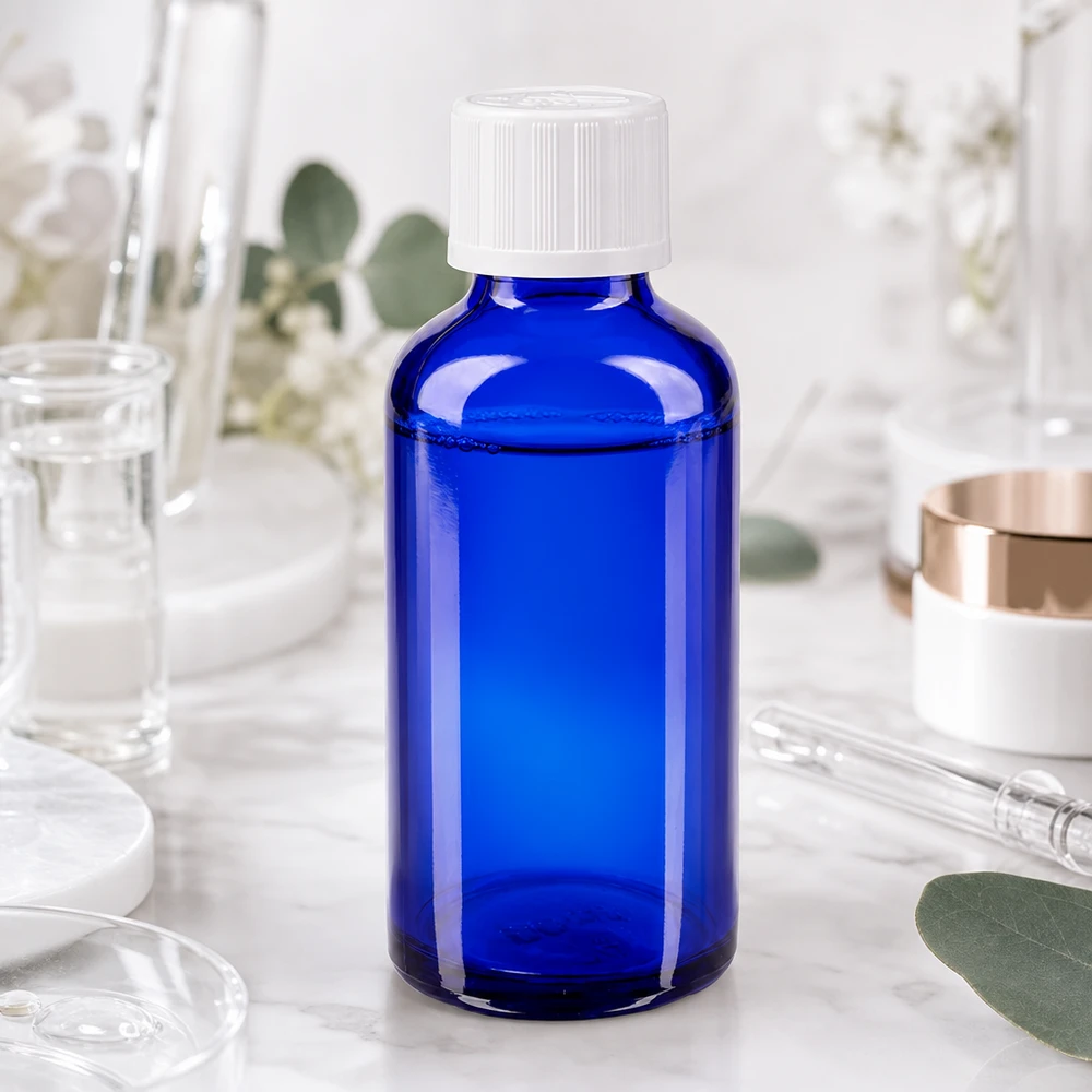 Apothekenflasche blau 50ml Schraubverschluss weiß Kindersicherung Standard Zylindrische blaue Glasflasche 50ml mit weißem Standardverschluss 11mm auf Marmoroberfläche