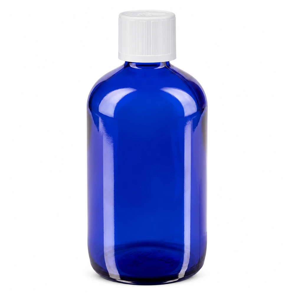 Apothekenflasche blau 100ml Tropfverschluss weiß Kindersicherung Standard Blaue Tropfflasche 100ml Apothekerglas mit weißem KiSi-Verschluss für pharmazeutische Anwendungen