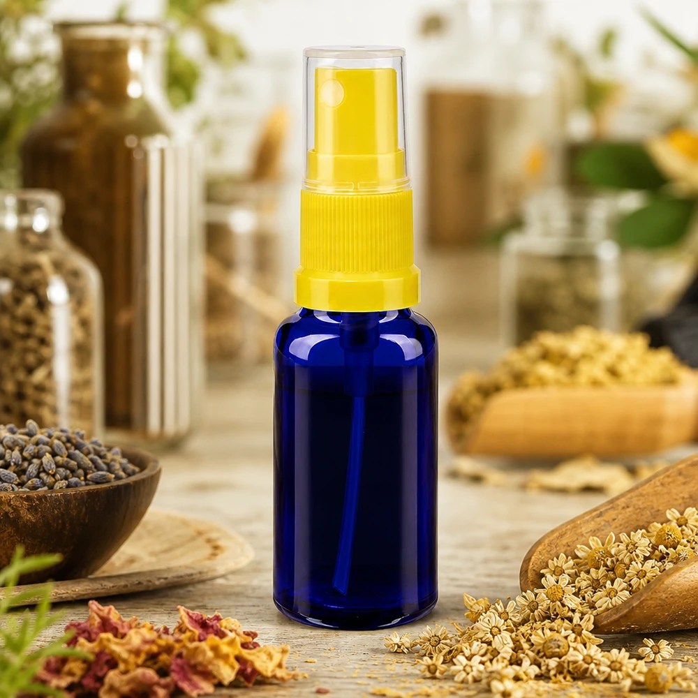 Apothekenflasche blau 20ml Sprayaufsatz gelb Kompakte blaue Glasflasche 20ml mit gelbem Pumpsprüher in natürlicher Kräuterumgebung