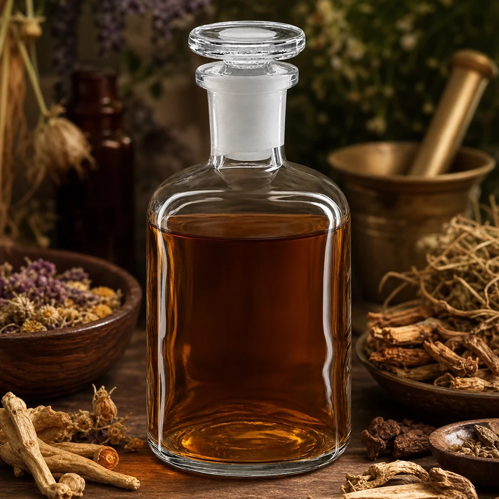 Rundschulterflasche 100ml Klarglas für Tinkturen und ätherische Öle mit Glasstopfen