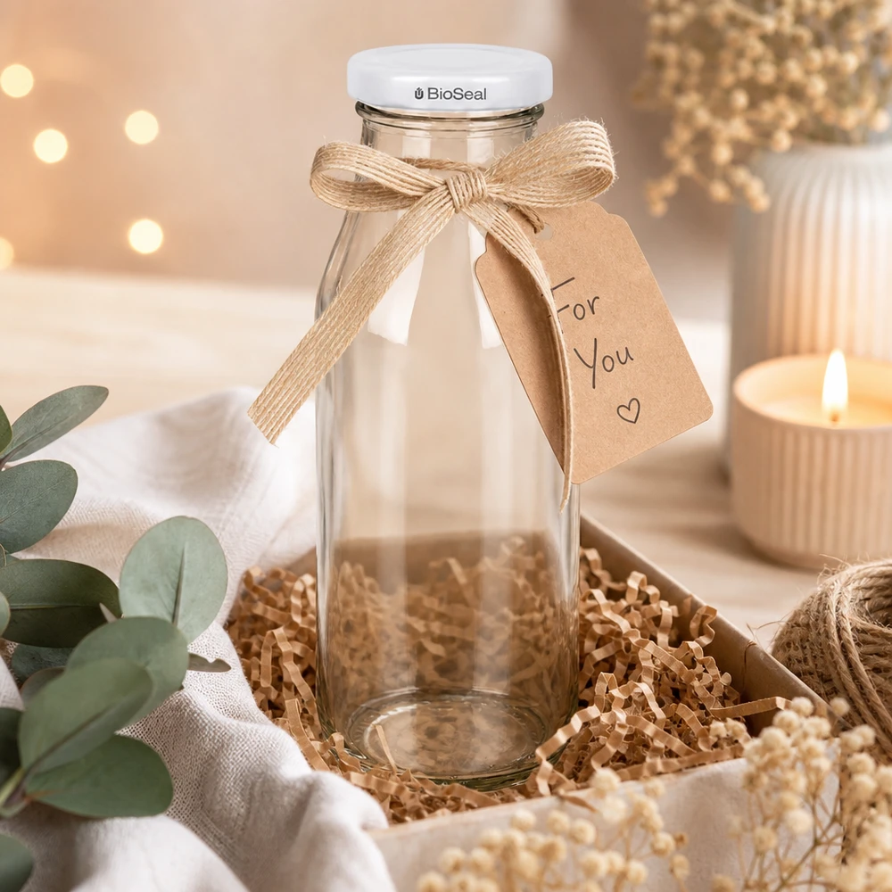 263ml Flasche mit BioSeal Deckel weiß UNiTWIST Leere Glasflasche UNiTWIST mit weißem BioSeal Deckel als Geschenk dekoriert mit Schleife und Anhänger in gemütlicher Atm
