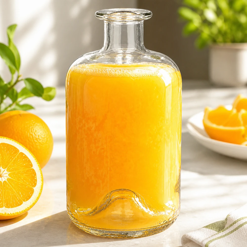 500ml Glasflasche Luna mit frischem Orangensaft gefüllt neben Orangenscheiben als Saft-Karaffe im Küchensetting