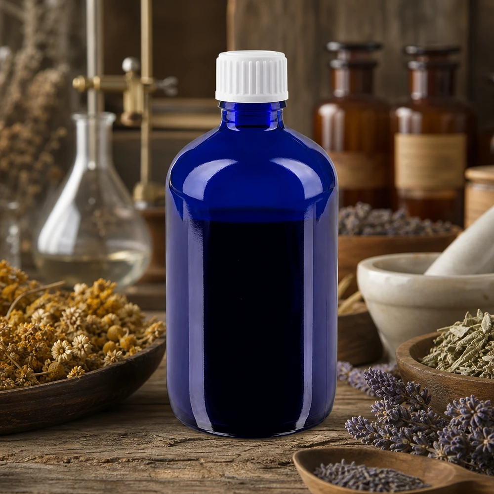 Apothekenflasche blau 100ml Tropfverschluss weiß 0.8mm Standard Zylindrische Kobaltglasflasche 100ml mit 0.9mm Tropföffnung für präzise Dosierung von Tinkturen